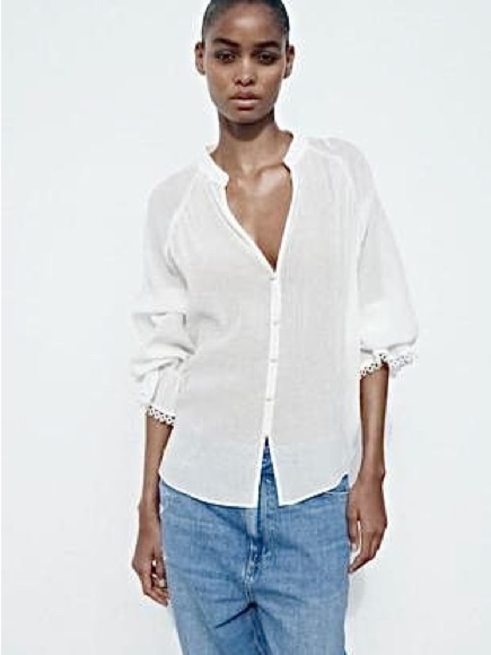 ZARA white viscose shirt featuring decorative long sleeves S